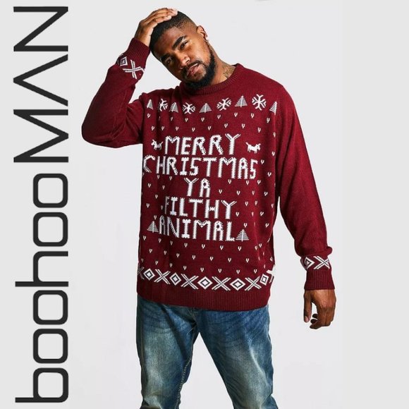 Boohoo Man Merry Christmas Ya Filthy Animal Sweater - Picture 1 of 16